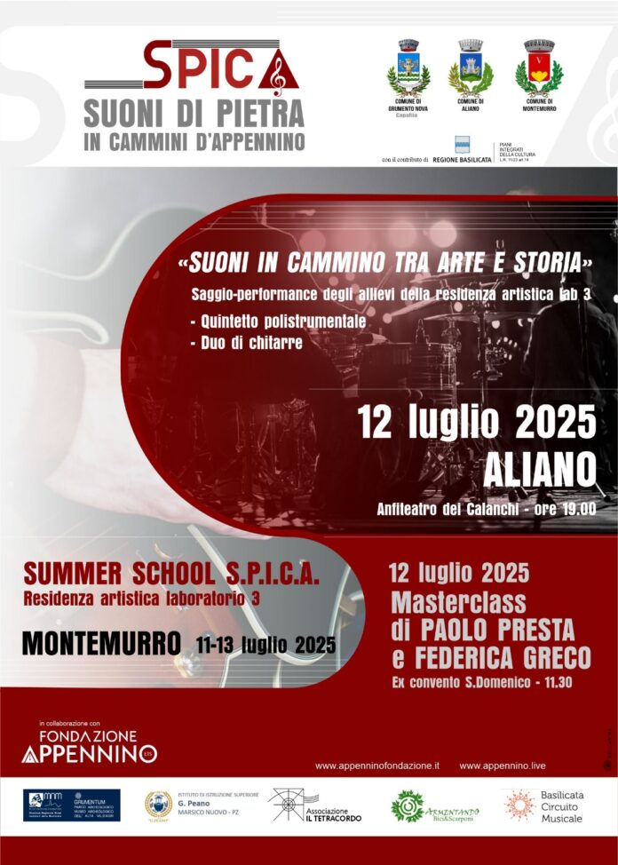 Ultimo appuntamento della SUMMER SCHOOL del progetto “S.P.I.C.A. – Suoni di Pietra in Cammini d’Appennino” a Montemurro (PZ) dal 11 al 13 luglio con saggio performance finale ad Aliano.