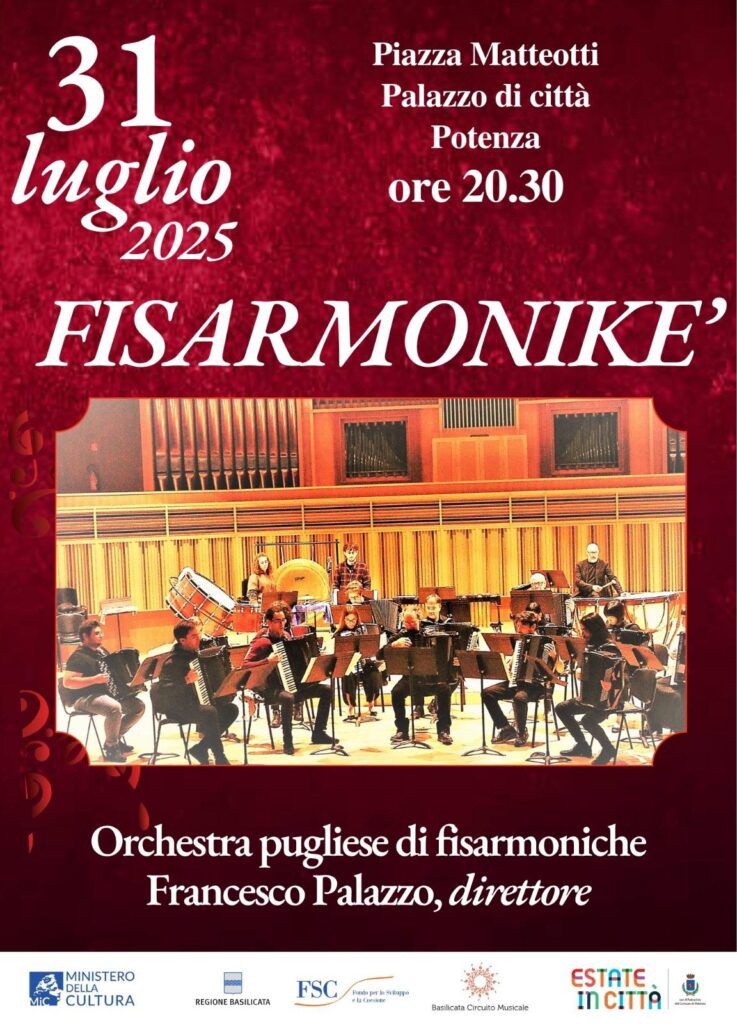 Concerto Fisarmonikè a Potenza con l’Orchestra Pugliese di Fisarmoniche diretta da Francesco Palazzo in Piazza Matteotti.
