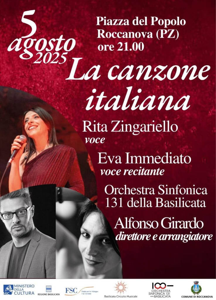 Locandina evento La Canzone Italiana del 5 agosto 2025 a Roccanova con Rita Zingariello, Eva Immediato e l’Orchestra Sinfonica 131 della Basilicata