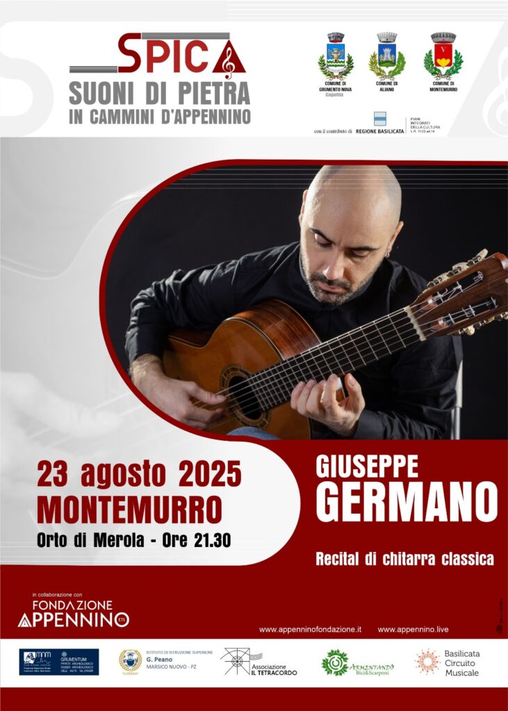 Locandina del concerto di Giuseppe Germano, recital di chitarra classica a Montemurro, Orto di Merola, il 23 agosto 2025 alle ore 21:30. Evento della rassegna SPICA – Suoni di Pietra in cammini d’Appennino, promosso dalla Fondazione Appennino.