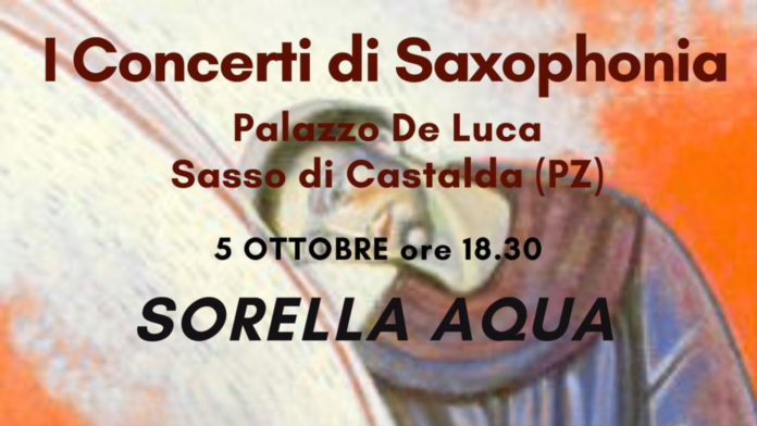 Locandina dell’evento Sorella Aqua con Meridies Cello Quartet ed Erminio Truncellito, Palazzo De Luca, Sasso di Castalda, 5 ottobre 2025.