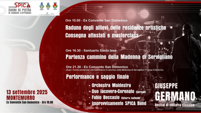 SPICA | MONTEMURRO Locandina ufficiale SPICA Suoni di Pietra – Montemurro, 13 settembre 2025, Summer School e concerto finale con Orchestra Maldestra, Fabio Beccasio, Duo Iacovera-Coronato e SPICA Band.