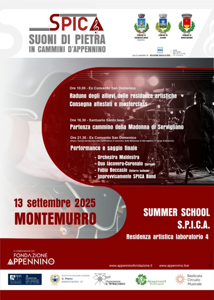 Locandina ufficiale SPICA Suoni di Pietra – Montemurro, 13 settembre 2025, Summer School e concerto finale con Orchestra Maldestra, Fabio Beccasio, Duo Iacovera-Coronato e SPICA Band.