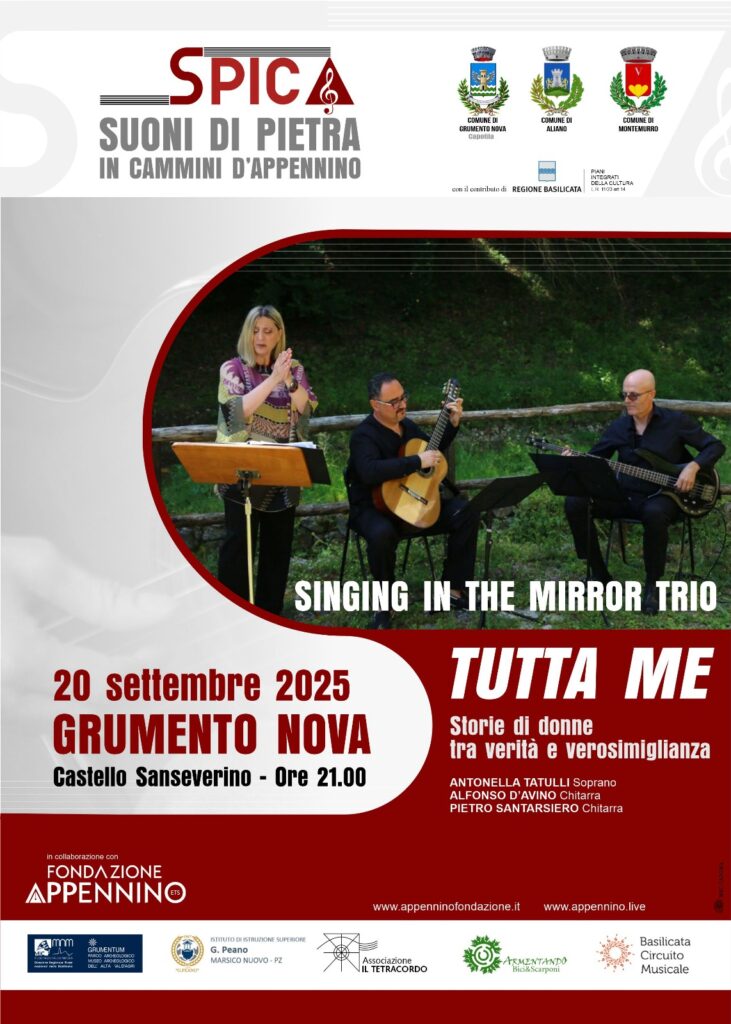 Locandina ufficiale SPICA Suoni di Pietra Grumento Nova – 20 settembre 2025, spettacolo “Tutta Me” al Castello Sanseverino con il trio Singing in the Mirror
