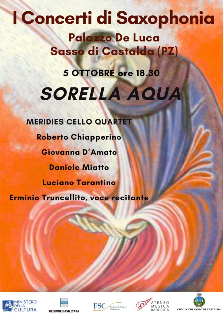 Locandina dell’evento Sorella Aqua con Meridies Cello Quartet ed Erminio Truncellito, Palazzo De Luca, Sasso di Castalda, 5 ottobre 2025.