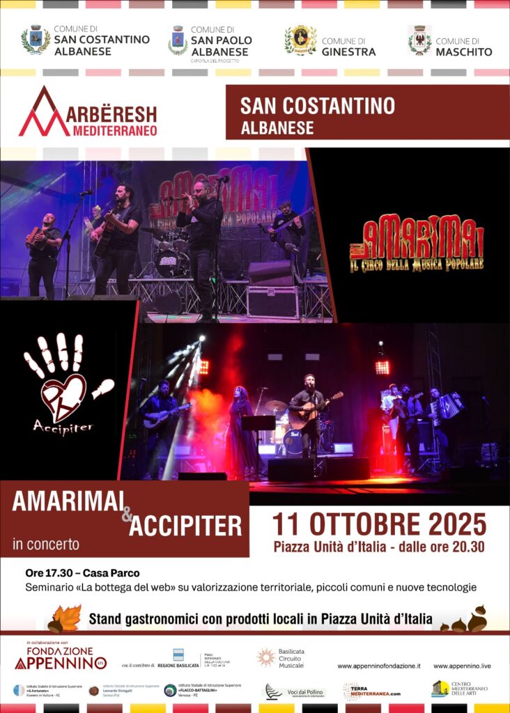 Concerto Amarimai e Accipiter a San Costantino Albanese con pubblico e luci sul palco durante l’evento Arbëresh Mediterraneo 2025.