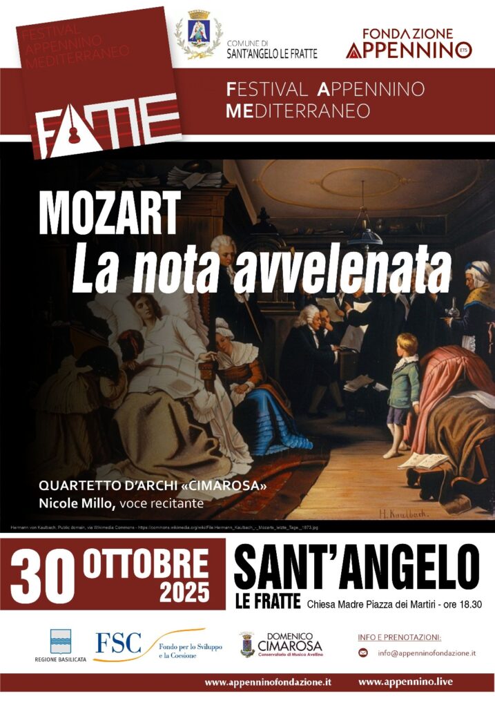 Locandina del concerto teatrale “Mozart. La nota avvelenata” con Nicole Millo e il Quartetto d’Archi Cimarosa, evento del Festival Appennino Mediterraneo a Sant’Angelo le Fratte.