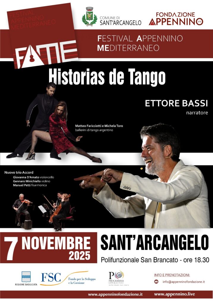 Locandina “Historias de Tango” con Ettore Bassi narratore e il Nuovo Trio Accord a Sant’Arcangelo per il Festival Appennino Mediterraneo.