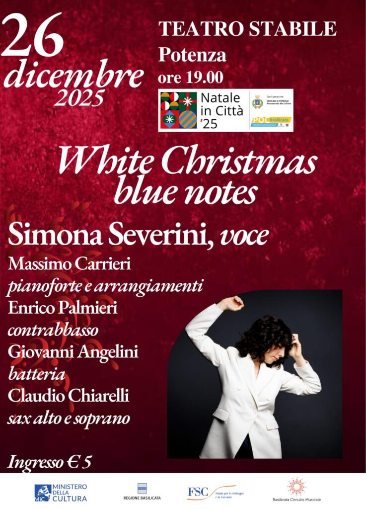 Locandina ufficiale di "White Christmas blue notes" che si terrà a Potenza il 26 dicembre alle ore 19.00 presso il Teatro Stabile