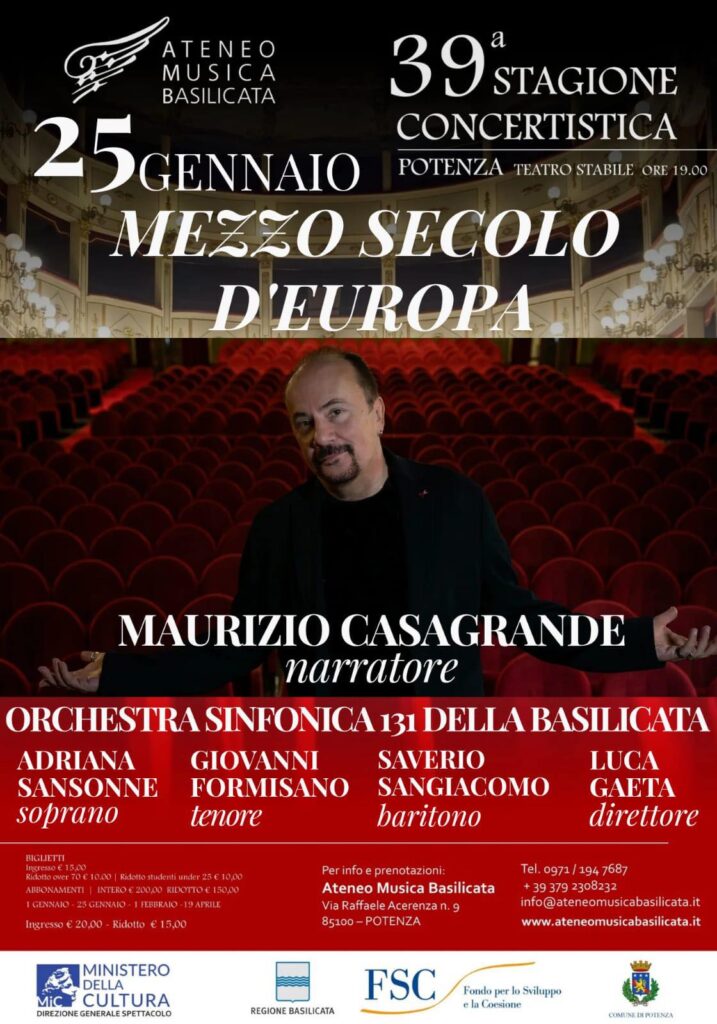 Locandina ufficiale di "Mezzo secolo d'Europa" 25 gennaio ore 19.00 presso il Teatro F. Stabile di Potenza