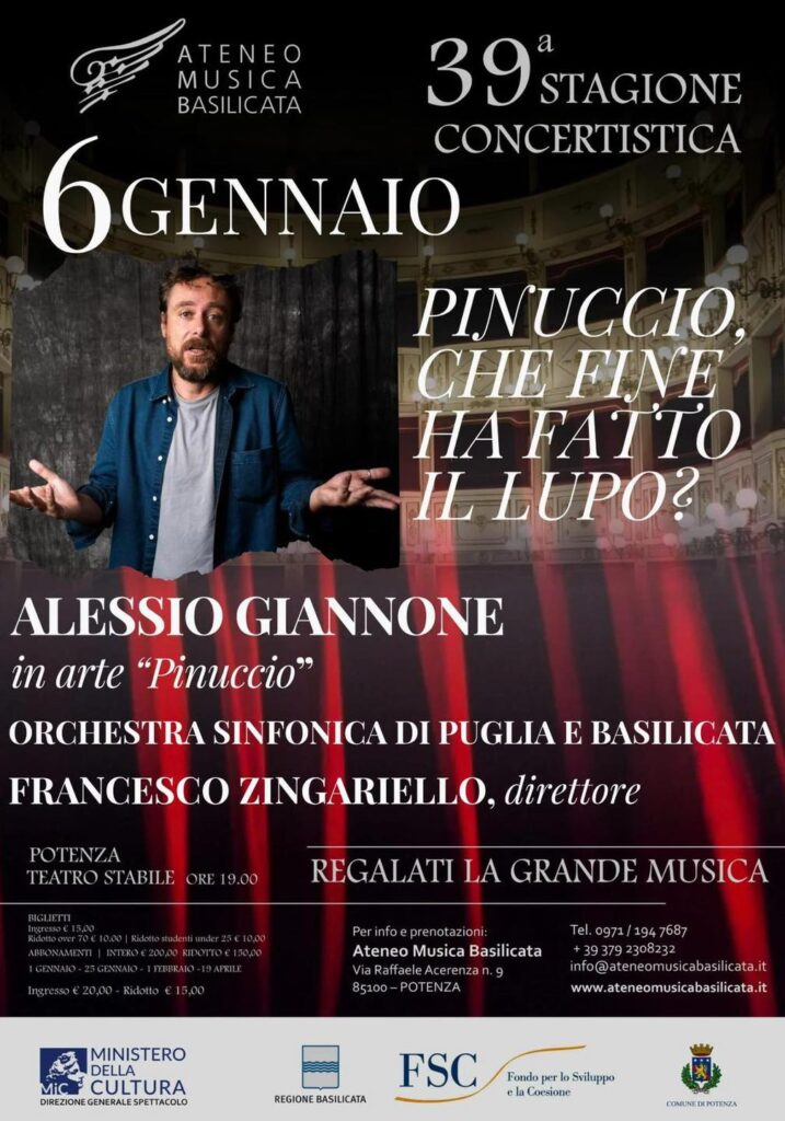 Locandina ufficiale di "Pinuccio, che fine ha fatto il lupo?" che si terrà a Potenza presso il Teatro stabile il 6 gennaio alle ore 19.00 