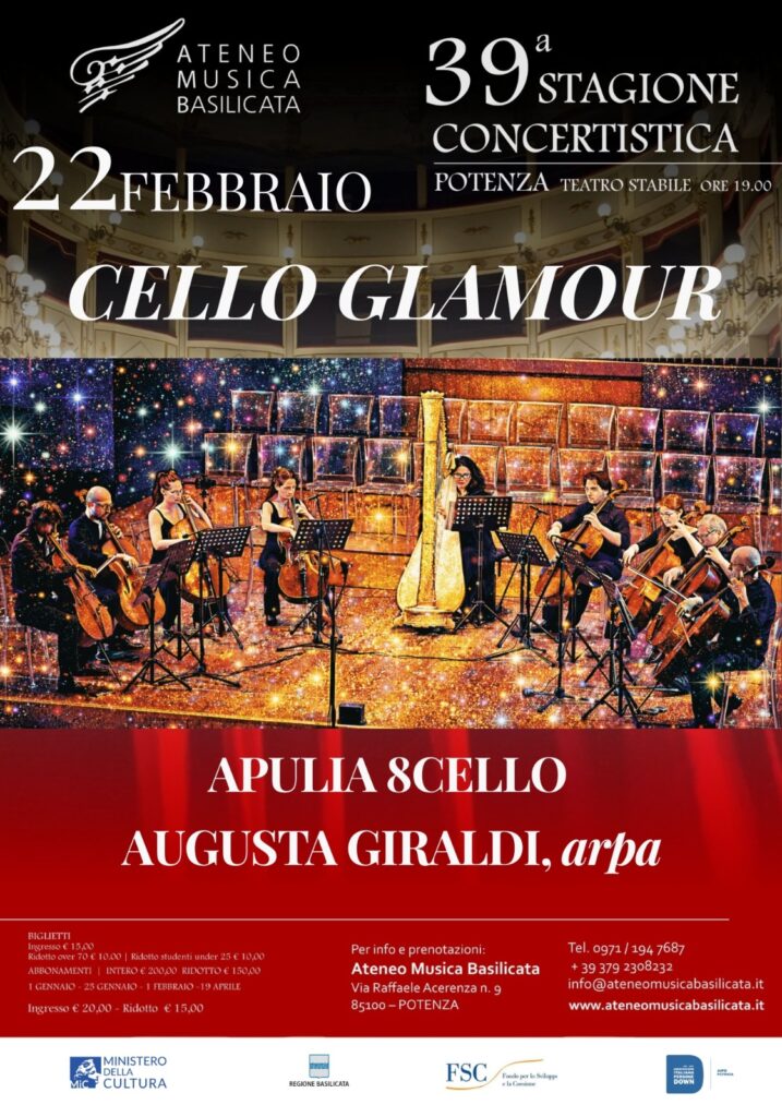 Locandina di "Cello Glamour" che andrà in scena il 22 febbraio alle 19.00 presso il teatro F. Stabile di Potenza 