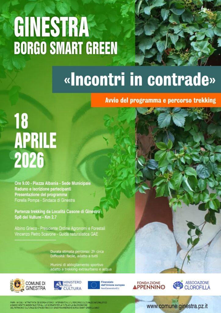 Locandina ufficiale di Ginestra - Borgo Smart Green che si terrà il 18 aprile a partire dalle ore 9.00