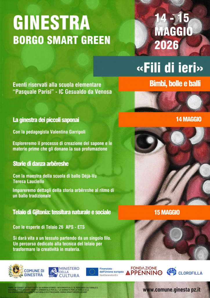 Locandina ufficiale di "Fili di ieri. Bimbi, bolle e balli", evento dedicato alla scuola elementare P.  Parisi - IC Gesualdo Da Venosa in programma per il 14 e il 15 maggio a GInestra. 