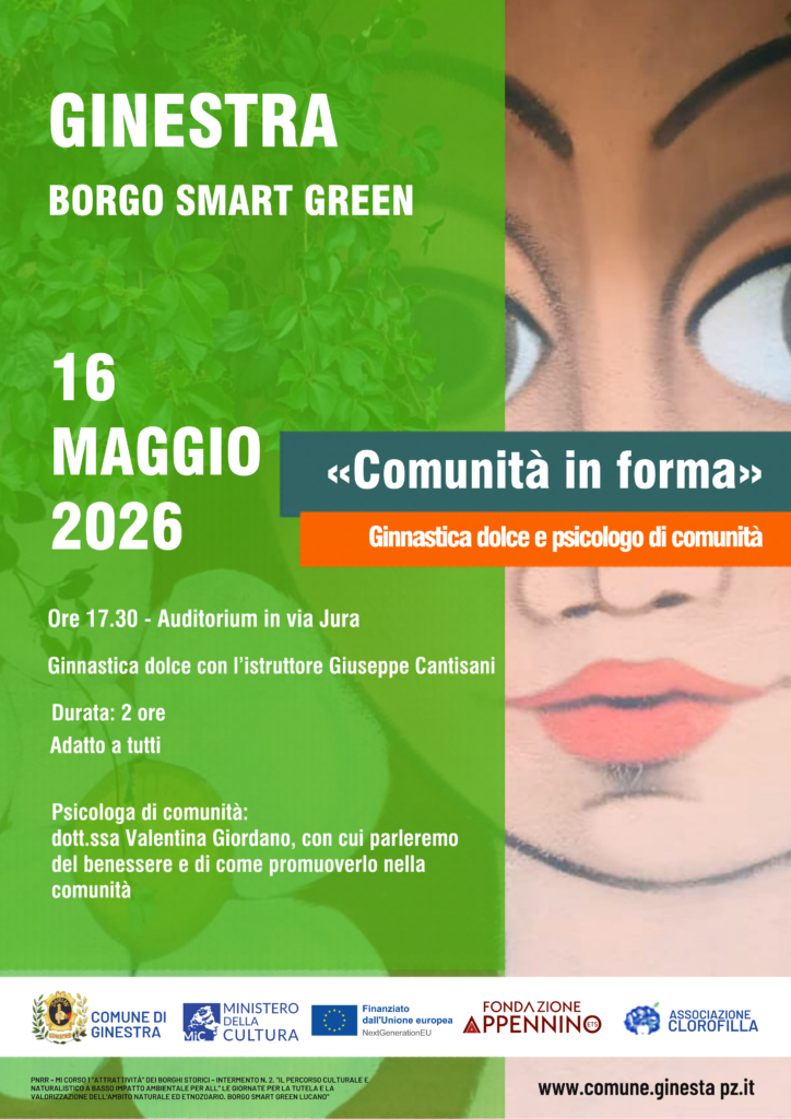 Locandina ufficiale di "Comunità in forma", evento inserito in Gienstra Borgo Smart Green, che so terrà sabato 16 maggio a partire dalle ore 17.30 nell'auditorium in via Jura a Ginestra