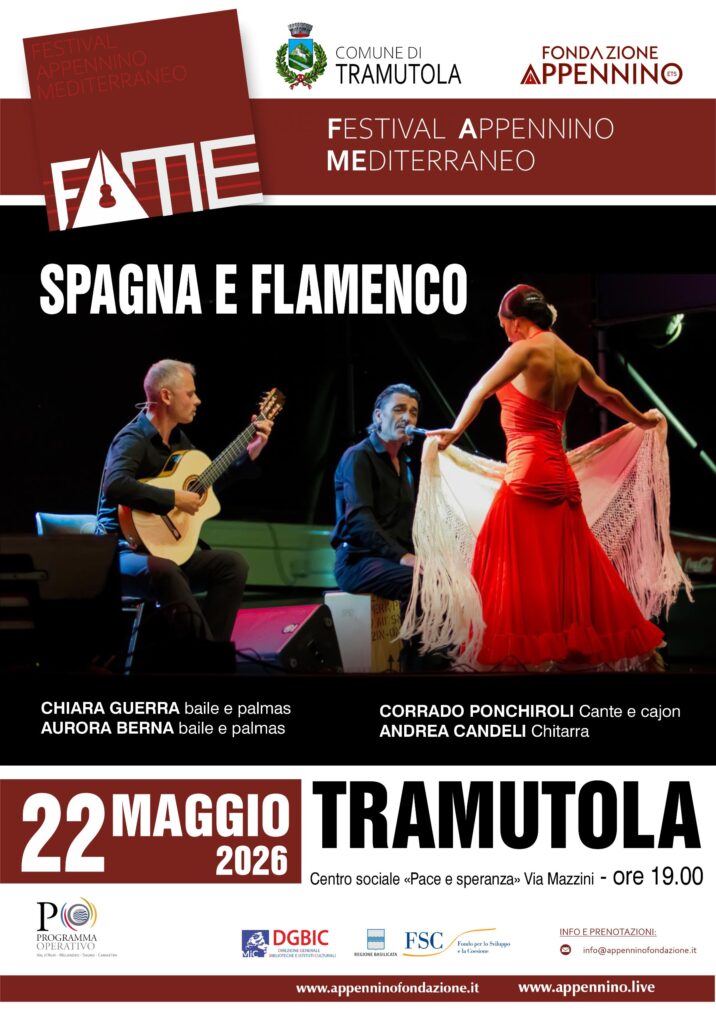 Locandina di "Spagna e Flamenco" evento inserito nel F.A.Me - Festival Appennino Mediterraneo, che si terrà a Tramutola il 22 maggio alle ore 19.00