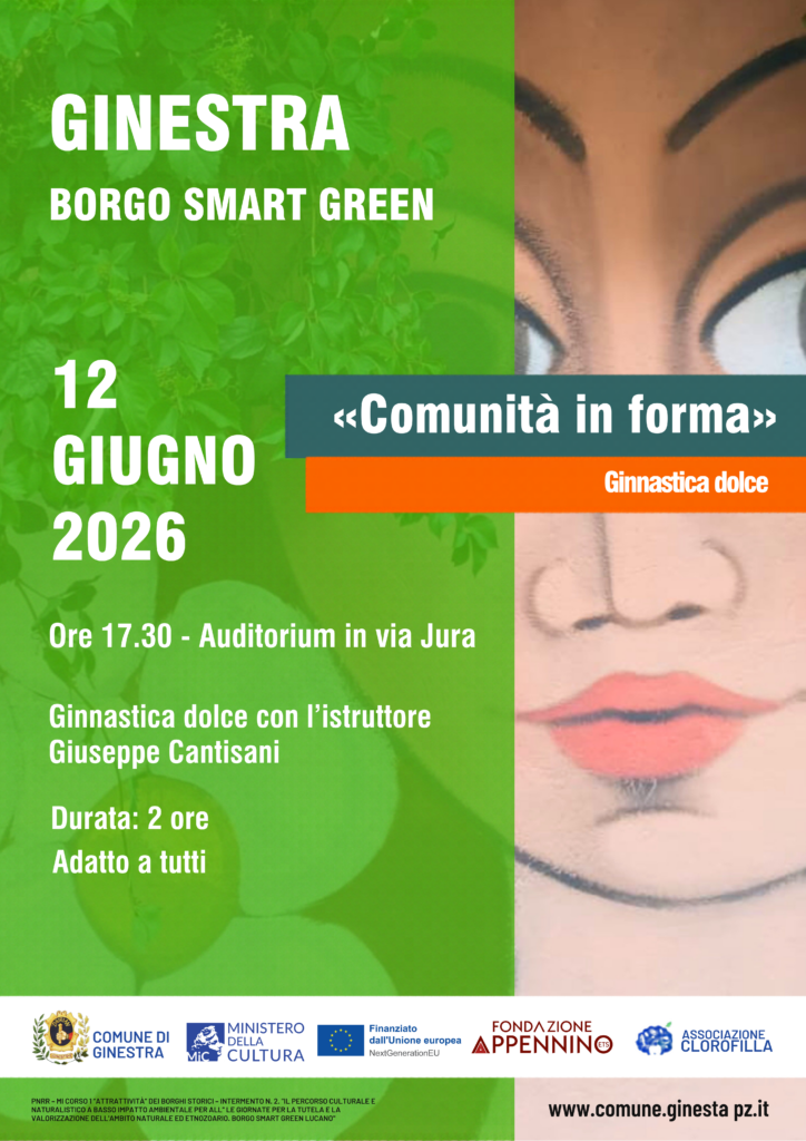 Locandina di "Comunità in forma" evento inserito in Ginestra Borgo Smart Green che si terrà il 12 giugno alle ore 17.30 all'auditorium di Via Jura