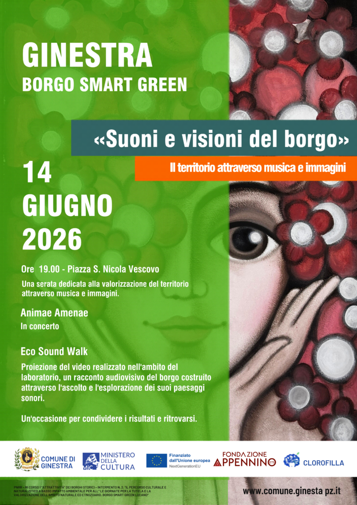 Locandina ufficiale di "Suoni e visioni del borgo" inserito nel progetto Ginestra Borgo Smart Green che si terrà il 14 giugno alle ore 19.00