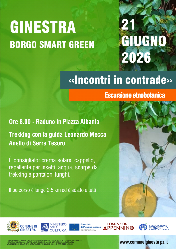 Locandina ufficiale di "Incontri in contrade" evento inserito nel cartellone di Ginestra Borgo Smart Green che si terrà il 21 giugno alle ore 8.00, raduno in piazza Albania.