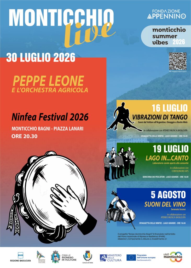 Locandina ufficiale di Peppe Leone e l'Orchestra Agricola che si terrà a Monticchio Bagni il 30 luglio alle ore 20.30 