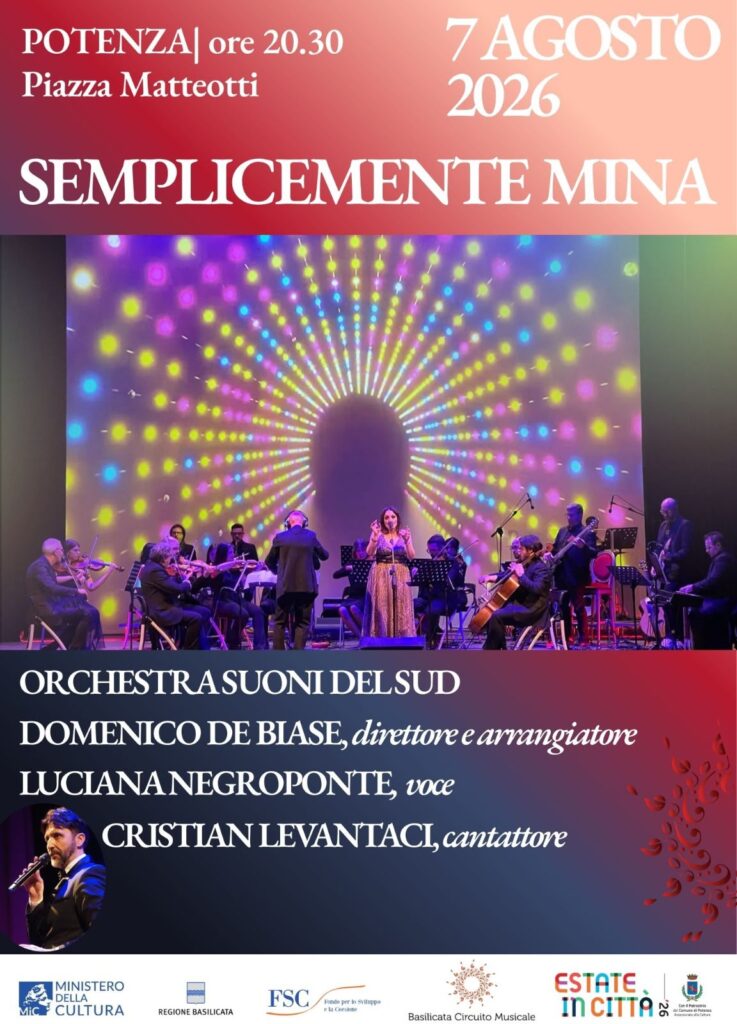 Locandina ufficiale di "Semplicemente Mina" che si terrà a Potenza in piazza Matteotti il 7 agosto alle ore 20.30. 