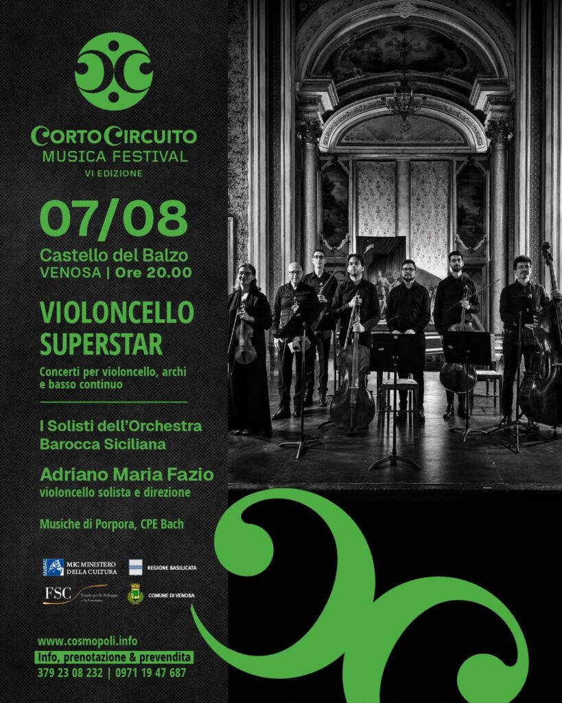 Locandina ufficiale di "Violoncello Superstar" ospitato a Castel del Balzo a Venosa, il 7 agosto alle ore 20.00