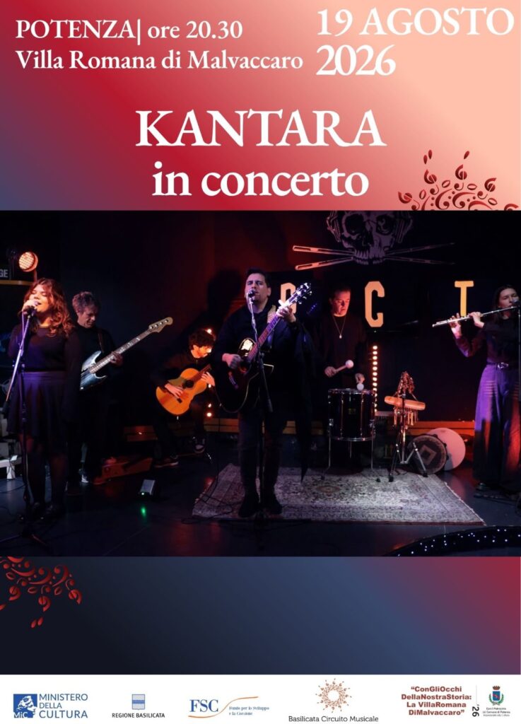 Locandina ufficiale di Kantara in concerto a Potenza nella Villa Romana di Malvaccaro che si terrà il 19 alle ore 20.30