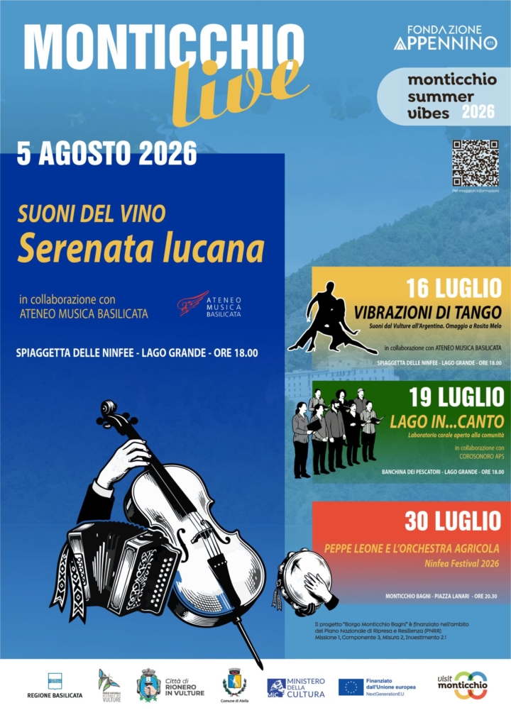 Locandina ufficiale di "Suoni del vino - Serenata lucana" evento inserito in Monticchio Live, che si terrà mercoledì 5 agosto alle ore 18.00 sulla spiaggetta delle Ninfee sul Lago Grande di Monticchio. 